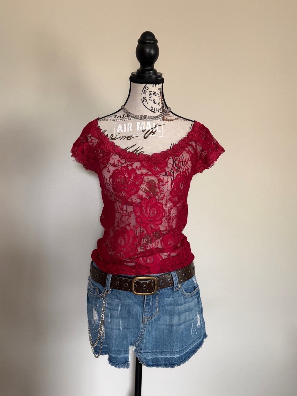 Y2K Charlotte Russe Red Sheer Lace Layering Top Rose Fairy Whimsigoth Fall